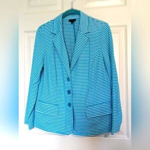 Talbots Women's Aqua Blue And White Striped Tailored Jacket ,Size Large